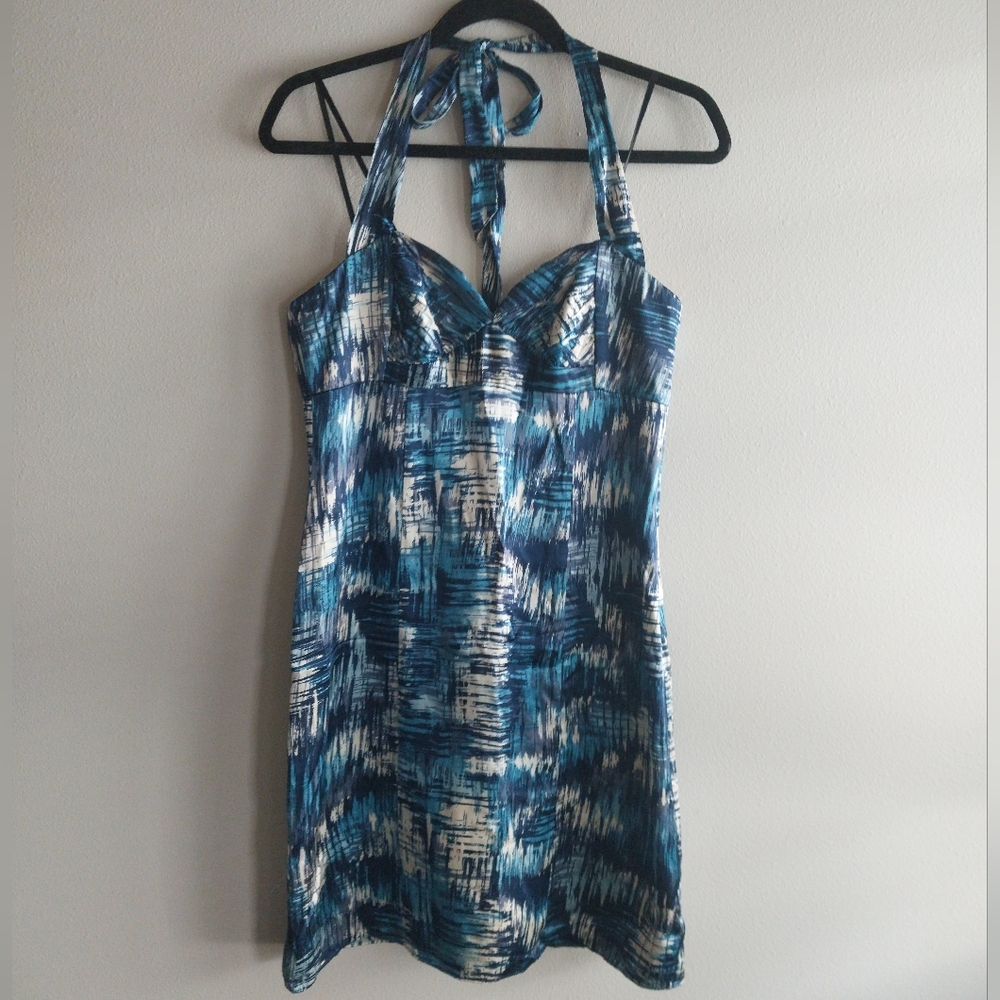 Laundry Blue and White 100% Silk Abstract Pattern Mini Sheath Halter Dress